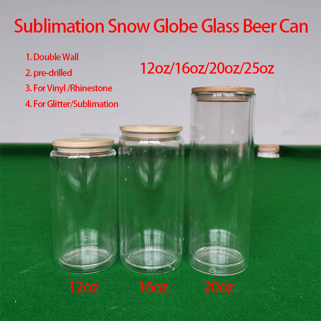 Sublimation snow globe glass can tumbler with bamboo lid and starw