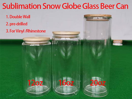 Snow globe sublimation glass beer can pre-drilled double wall with bamboo lid and straw
